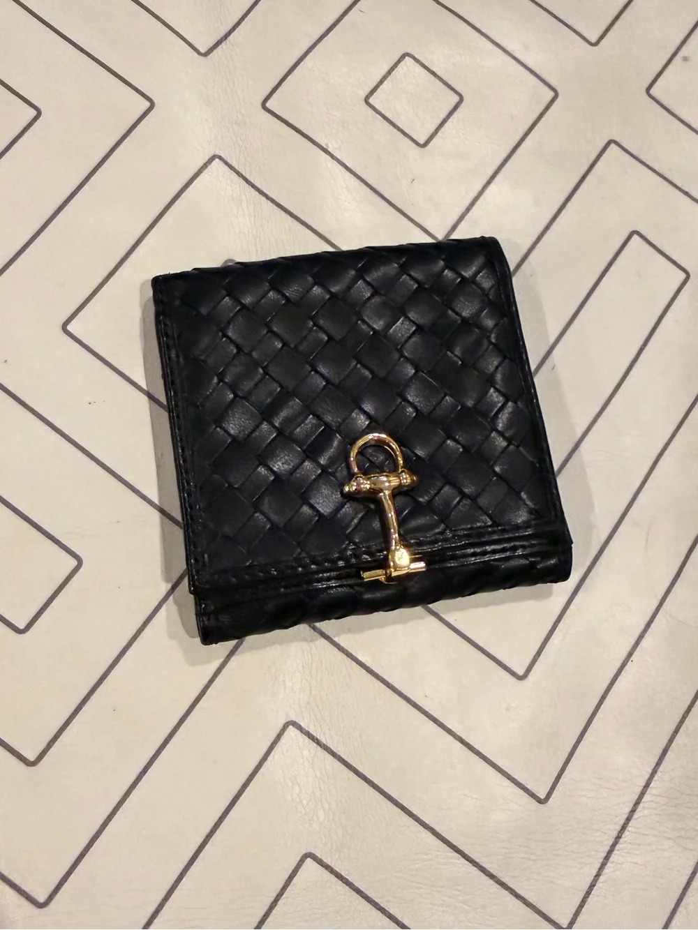 Rich Brown Woven Leather Wallet with Gold Turn-Lock